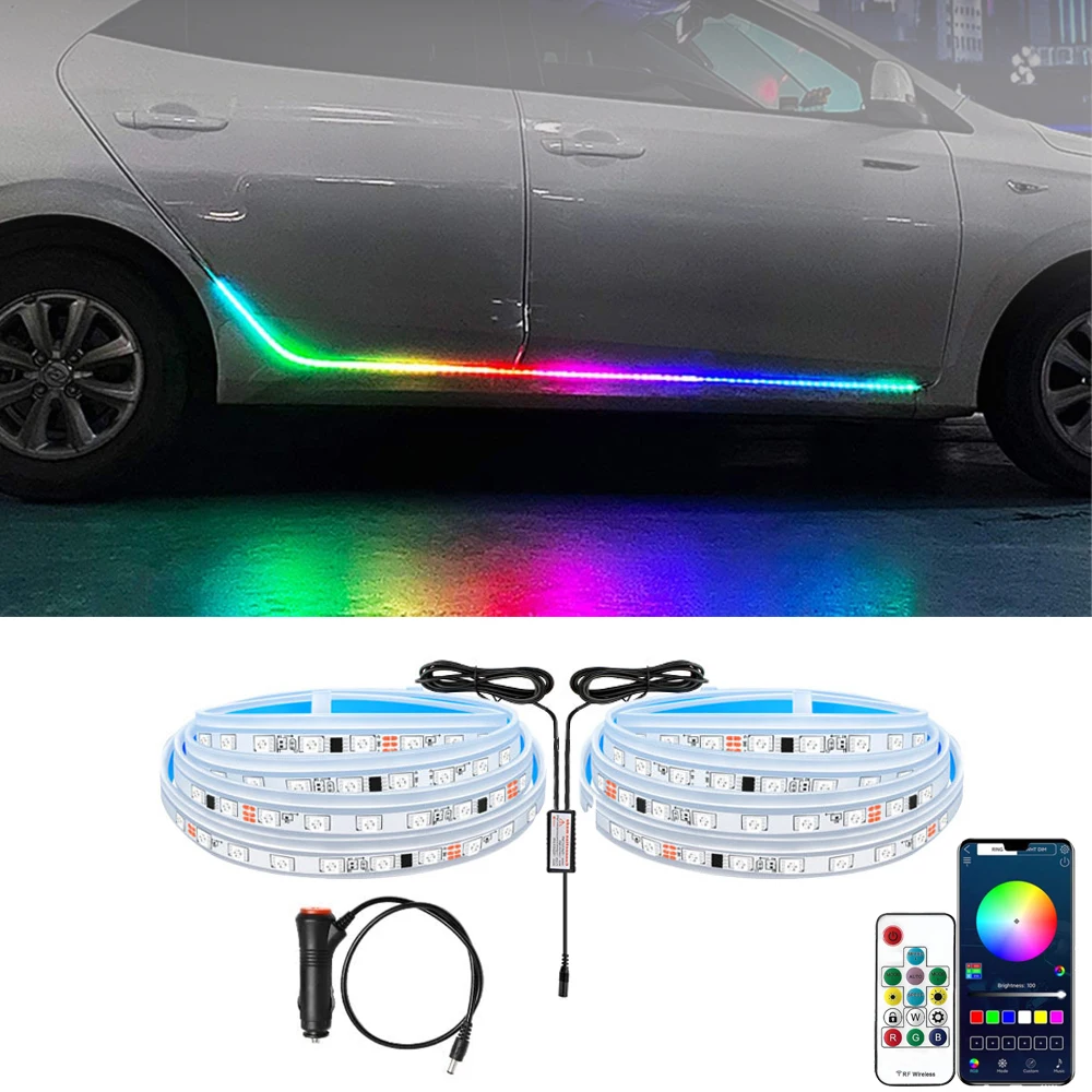 

RGB LED Car Ambient Welcome Door Skirt Lights App Remote Auto Sill Panel Neon Flexible Streamer Flowing Strip Decorative Lamp