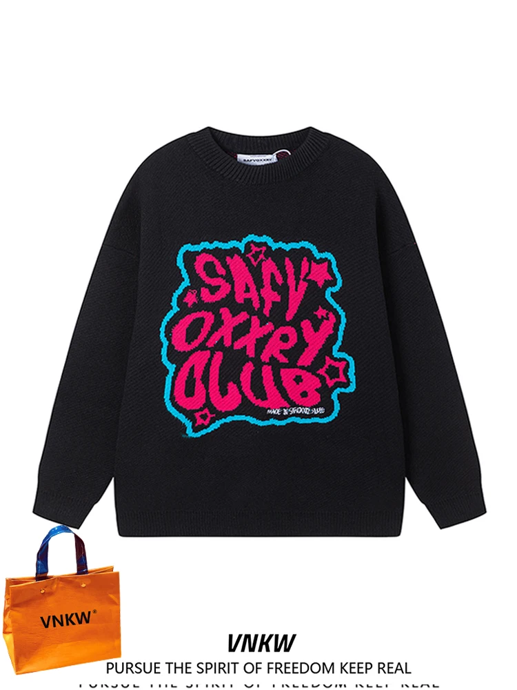 

Retro American Letter Embroidery round Ne Bla Sweater Men's Autumn Winter Loose Knitted irt for Couples Casual Wear