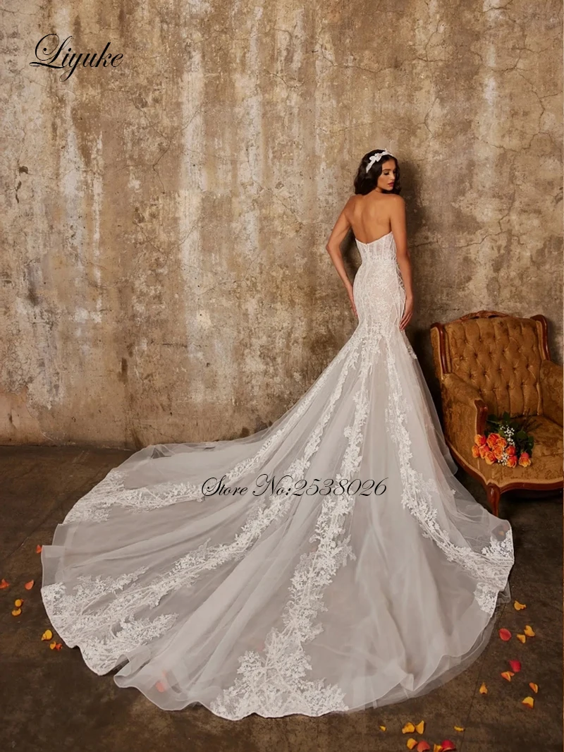 Liyuke Fabulous Sweetheart Mermaid Wedding Dresses Beading Appliques Lace Trumpet  Bridal Gowns With Removable Sleeves