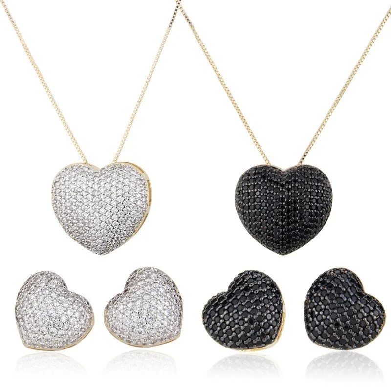SUNSLL Fashion Heart Multicolor Cubic Zirconia Pendant Necklaces And Stud Earrings For Women Girls Love Party Jewelry Sets