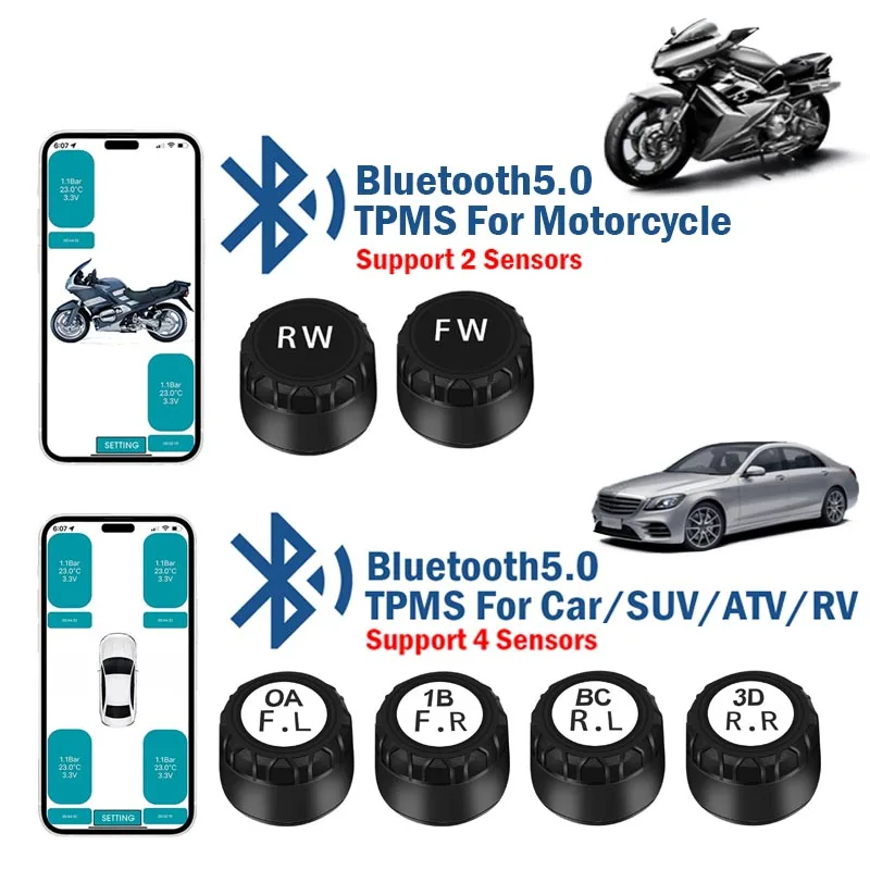 Car Motorcycle Bluetooth 5.0 Tire Pressure Monitoring System TPMS Support 2/4 External Sensors For Android/IOS Phones