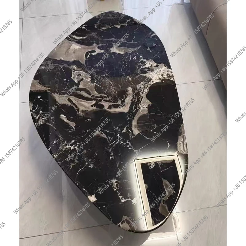 Designer Round Natural Marble Coffee Table for Living Room Office, Modern Luxury Metal Base Oval Center Table