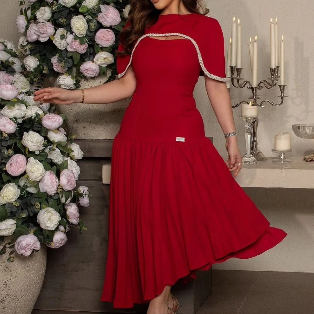 

Elegant Party Dresses Woman 2024"Short Sleeve Pleats Ankle Length Straight Red High-Low Plus Size Dresses For Occasions