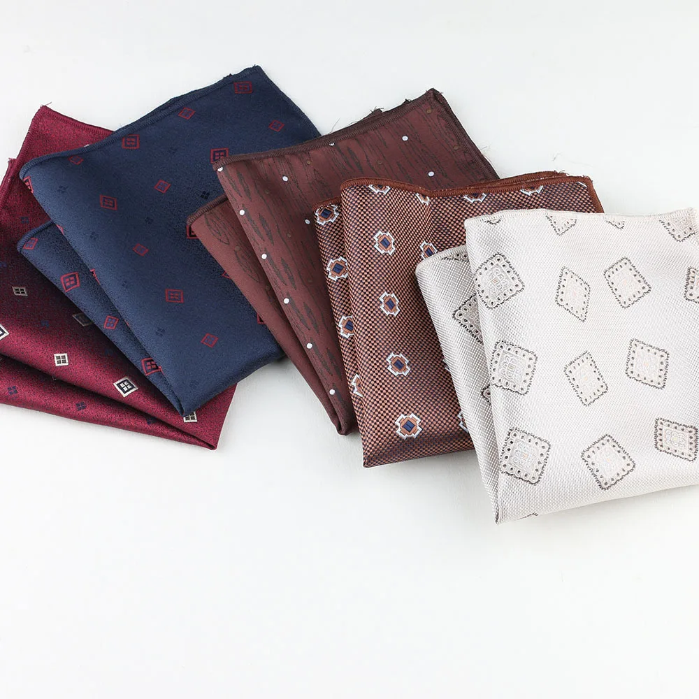 24cm Fashion White Brown Floral Pocket Square Gentleman Elegant Polyester Polka Dot Handkerchief Wedding Party Men Cravat Hanky