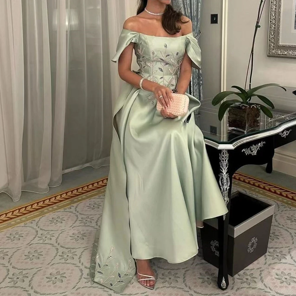 Off the Shoulder Satin Straight Ankle Length Short Sleeves Pleats Fashion Elegant Party Dresses Woman Panel Train Crystal Formal