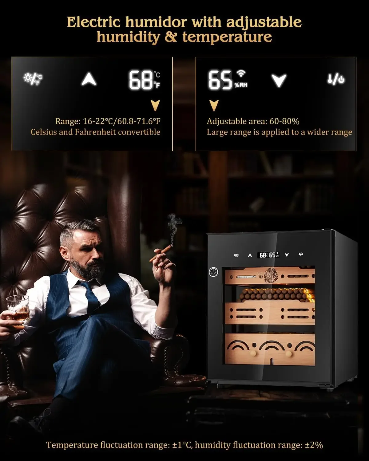 Electric Cigar Humidor Cabinet with Temperature & Humidity Control System, 50L Cooling Cigar Fridge up to 300 Counts, Cedar
