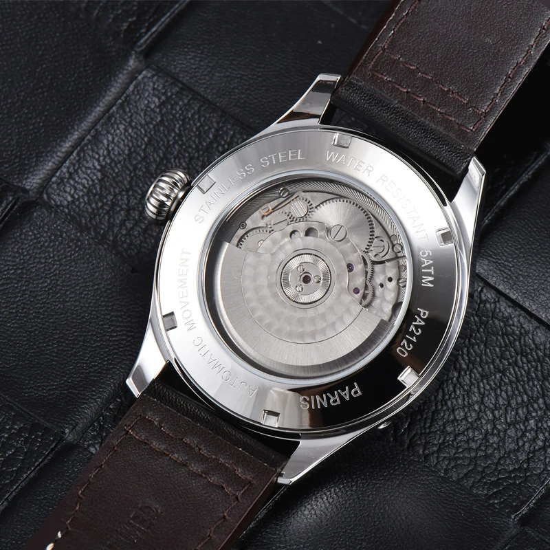 New Fashion Parnis 45mm Silver Case Automatic Men Watch Leather Strap Power Reserve Mechanical Men\'s Watches relojes Hombre 2024