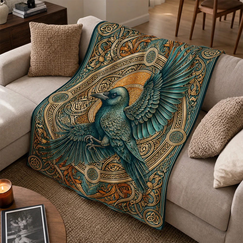 Vintage Bohemian Tapestry Throw Blanket for Sofa Couch Decorative Living Room Art Raven Bird Print Gothic Style Wall Hanging Plu