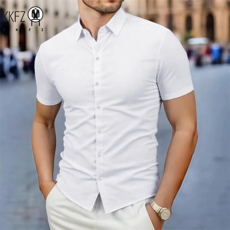 Camisa de manga corta de Color sólido informal de negocios para hombres Moda de verano Sin planchar Top versátil cómodo para hombres