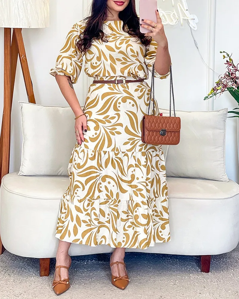 

Spring Women 2Pieces Outfit Elegant Floral Print Puff Sleeve Crop Top and Casual High Waist Ruffles Midi Skirt Set（Without Belt）