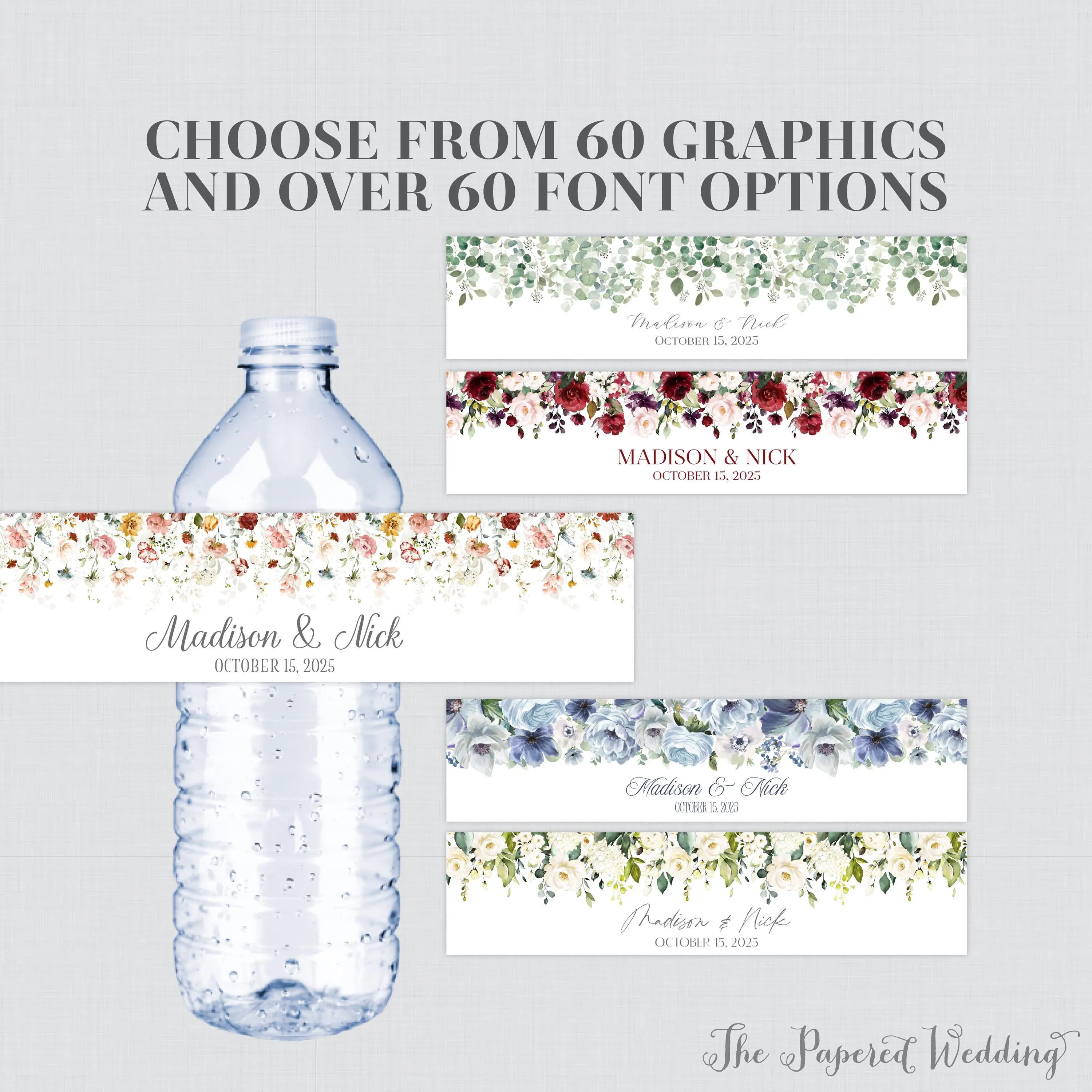60 Flower Water Bottle Stickers, 21.6*5CM and 24.8*3.2CM, Customized Name Wedding Floral Water Bottle Stickers, Personalized