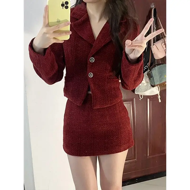 Blazer di lana corti a vita francese invernale da donna cappotto gonna vestito retrò tinta unita in vita cappotto di lana gonna a due pezzi