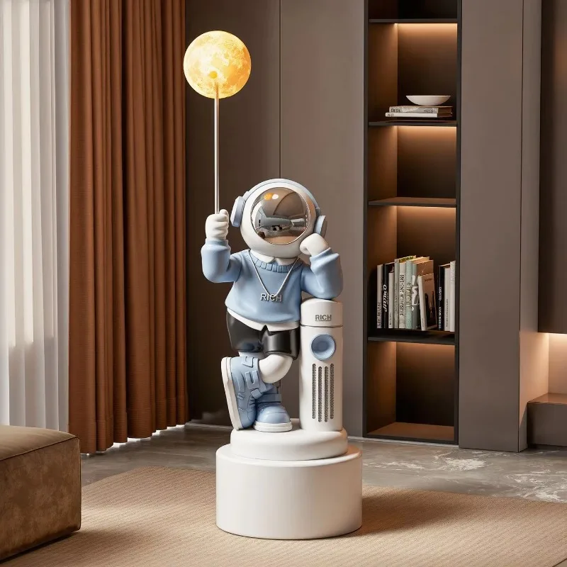 Standing Astronaut Figurine Thin Rod Round Sphere Accent Single Layer Round Base Living Room Hotel Floor Standing Decor Craft