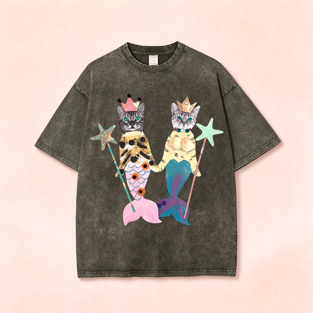Weird Cute Mermaid Cat Princess Print T-Shirt Women Men Aesthetic Oversized Vintage Wash Short Sleeve Fantasy Animal Casual Tee
