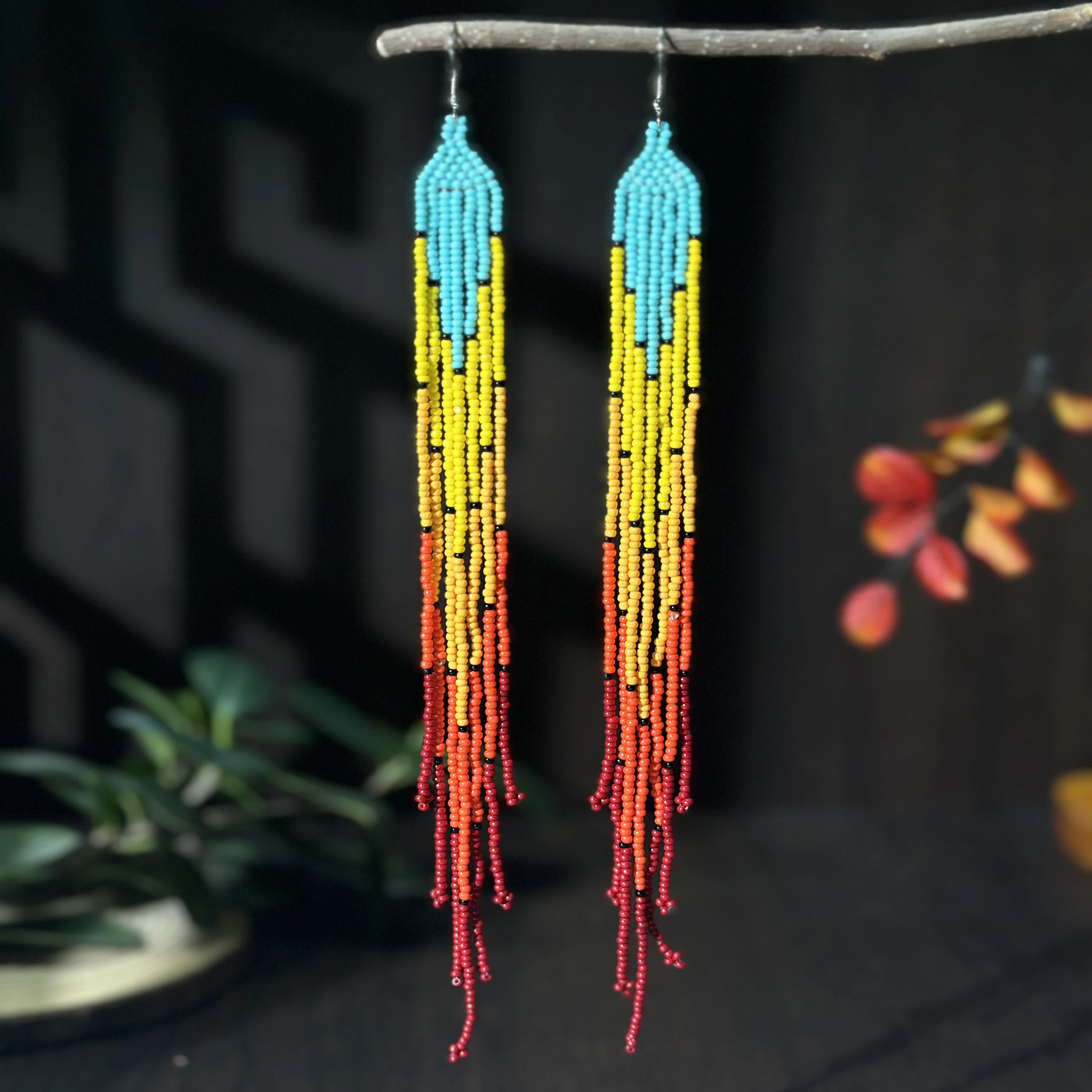 

Ultra long bead tassel earrings with sweeping shoulders, bohemian style, seed beads, glass beads, hand woven earrings suitable f