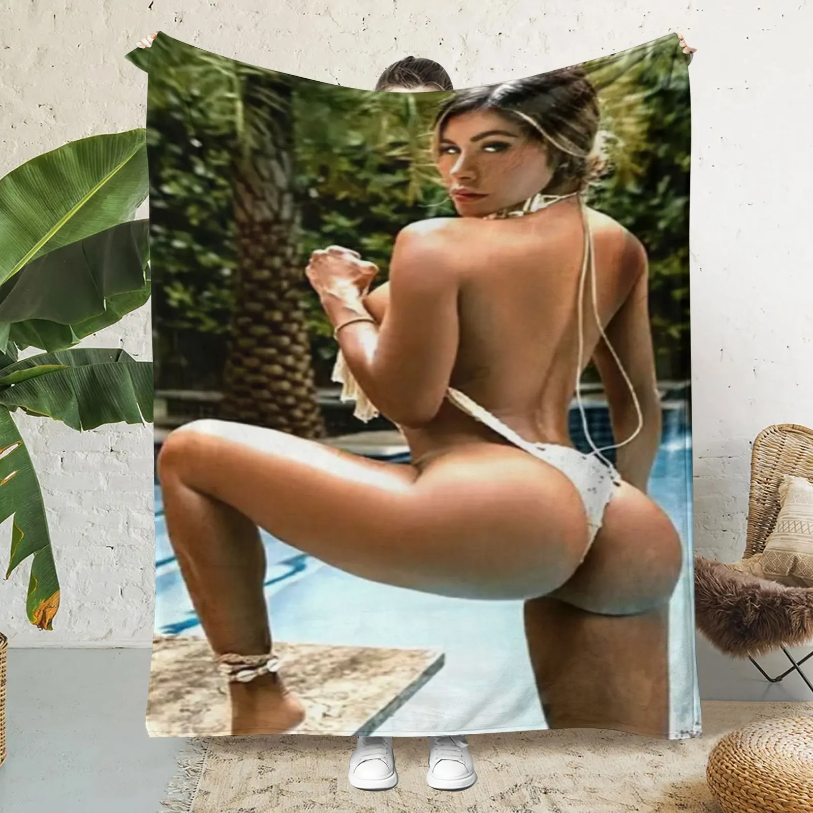 

Sexy Model Beach Blanket - Soft Warm Flannel All Season - Washable for Sofa Bed Travel - Tropical Luxury Birthday Gift for Her