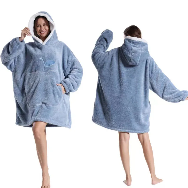 Extra Long Wearable Blankets Winter Flannel Hooded Blanket with Full Sleeves Men Women Cozy Soft Throw Adult TV Blanket