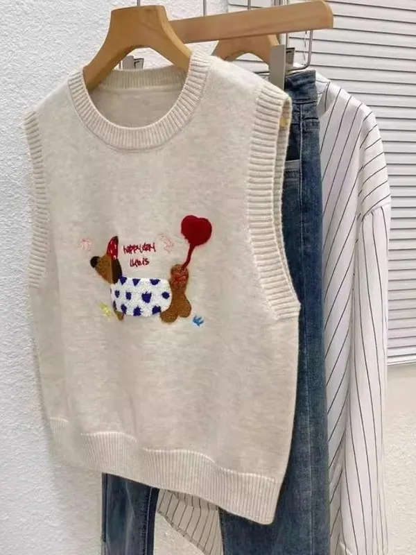 Cartoon Embroidered Dog Knitted Vest Women's Autumn Winter Loose round Ne Svel Sweater Vest Faionable oulder Trend