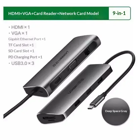 UGREEN CM179 40873 9 in 1 USB C Hub HDMI VGA Gigabit Ethernet SD TF PD Docking Station Multiport Adapter for Laptop Computer view 3