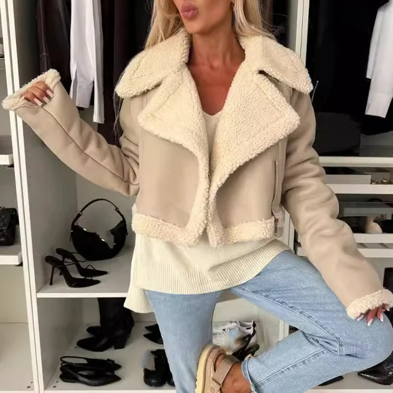 Herfst Elegante Revers Kraag Leren Jassen Vrouwen Causale Lange Mouwen Effen Shorts Wollen Jassen Winter Mode Dikke PU Outwears