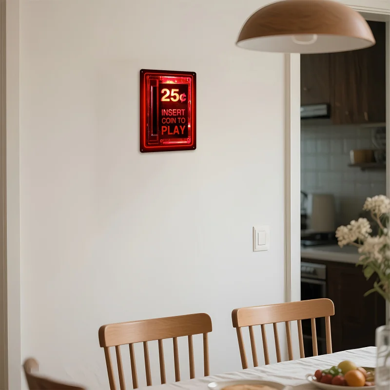 مسطح ثنائي الأبعاد، قطعة واحدة من علامة معدنية لألعاب الأركيد الرجعية بتصميم فتحة إدخال العملات المعدنية مع زر إدخال العملة للعب