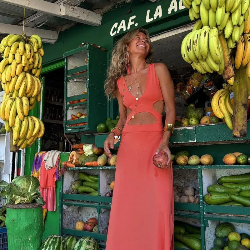 Robe longue imprimée sans manches pour femmes, Sexy, col en v, ajouré, dos nu, moulante, paquet fendu aux hanches, robe de vacances