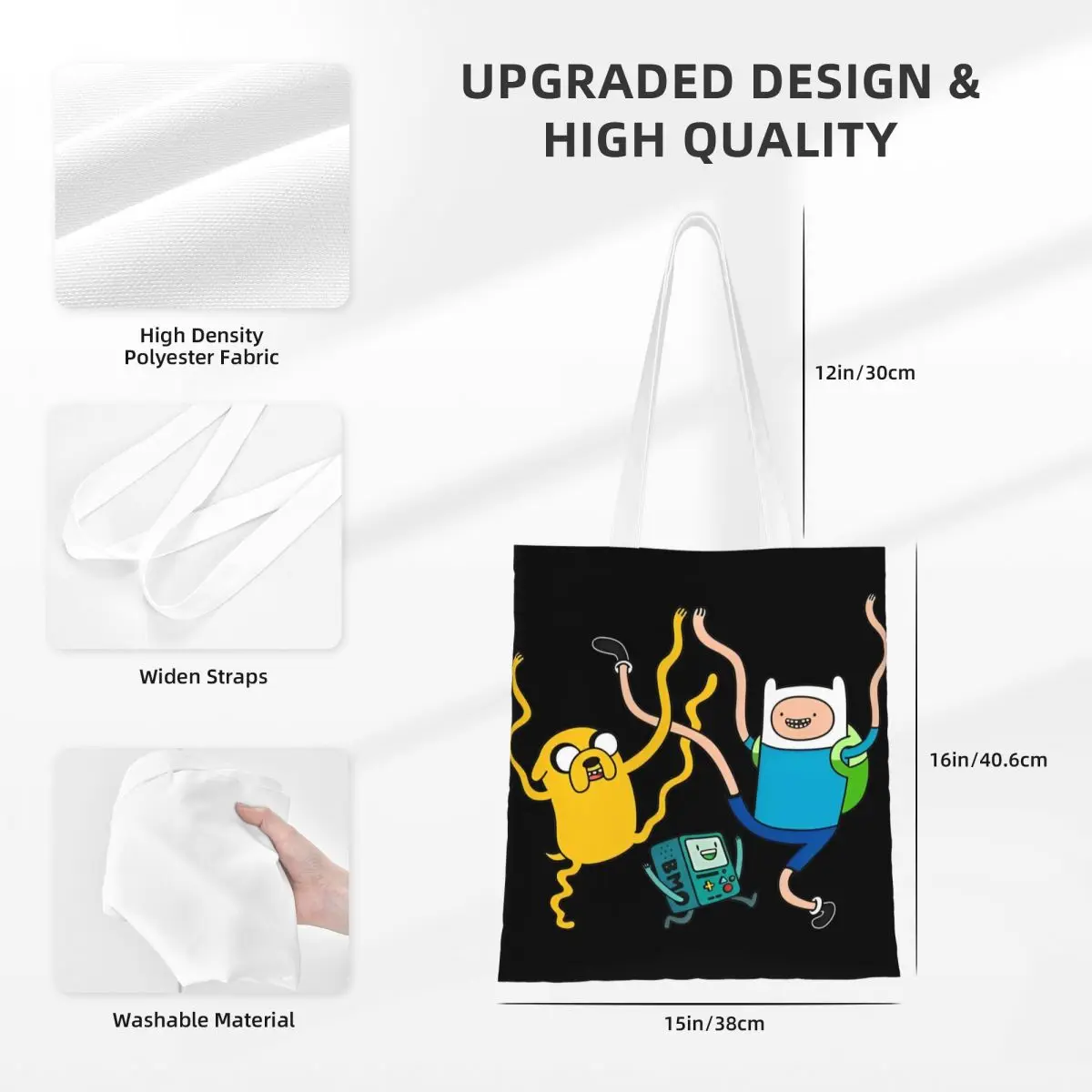 حقيبة يد نسائية من Finn Jake BMO للحفلات، حقيبة كتف من القماش بتوقيت المغامرة للطلاب، حقيبة تسوق قابلة لإعادة الاستخدام