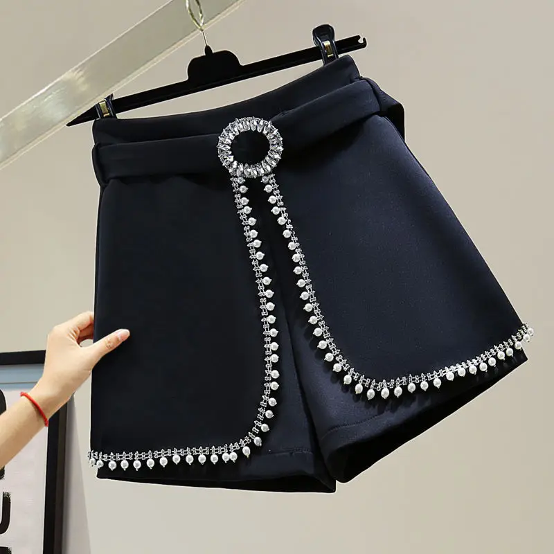2025 Spring Summer New Simplicity Fashion Diamonds High Waist Shorts Women Clothes Fashion Patchwork Solid Color Wide Leg Pants