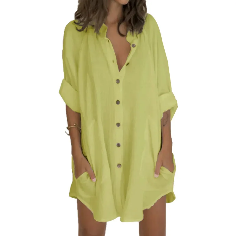 Camisón de lino y algodón para mujer, vestido fino de una sola botonadura, ropa de casa cómoda y sólida, Verano