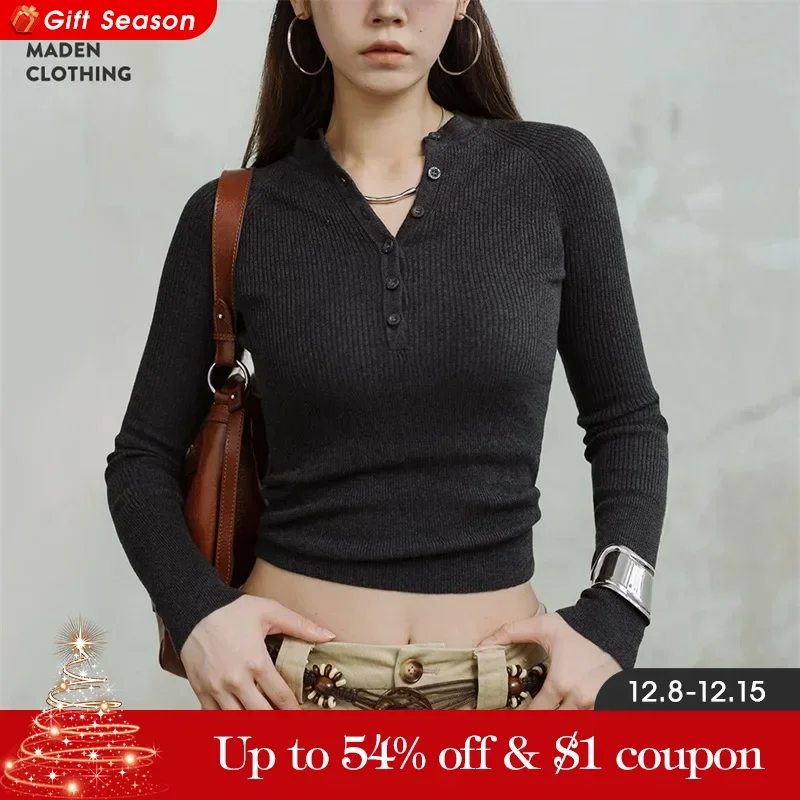 Maglione lavorato a maglia a maniche lunghe Maden Slim per donna camicia Henley tinta unita primavera e autunno camicia intima grigia maglieria ad