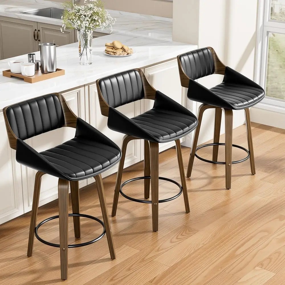 

Комплект из 2-х барных стульев, 26 дюймов, вращающиеся, с изогнутой деревянной спинкой и ножками, в стиле середины века, с обивкой из искусственной кожи.