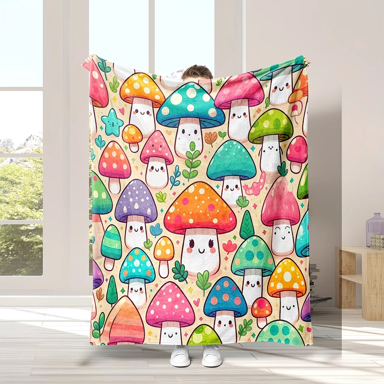 1pc Digital Print Whimsical Mushroom Throw Blanket, Lightweight Ultra-Soft Cozy Flannel Warm Bedroom Sofa Decor All-Season