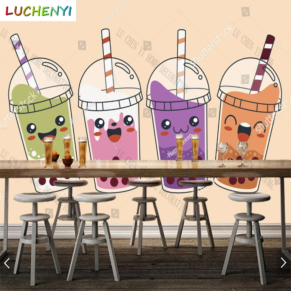 

Custom colorful cartoon bubble tea wallpaper mural restaurant cold drinking shop dining room wall papers home decor sticker