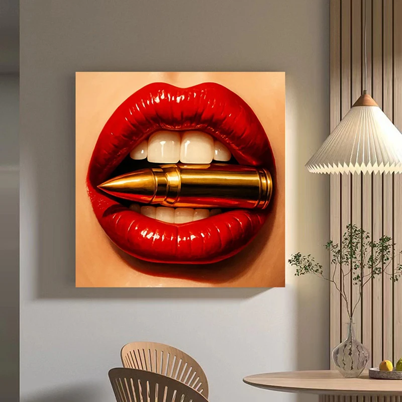 Bold Red Lips with Golden Bullet Canvas, Pop Art Wall Decor, Modern Glamour Lipstick Art, Canvas Wall Art for Home Decoration