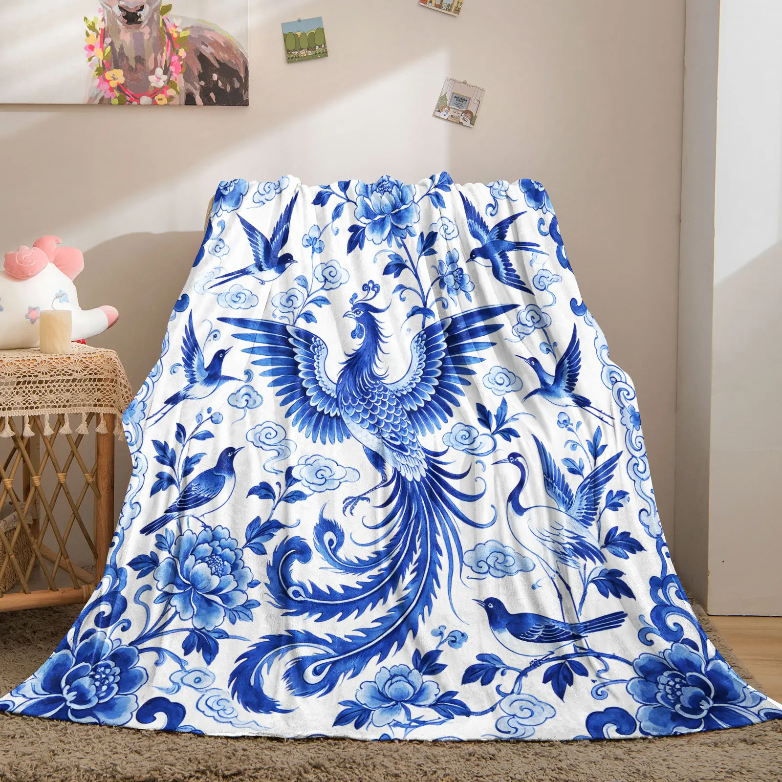Chinese Blue and White Porcelain Phoenix Birds Peony Cloud Flannel Throw Blanket Traditional Oriental Phoenix Warm Plush Blanket