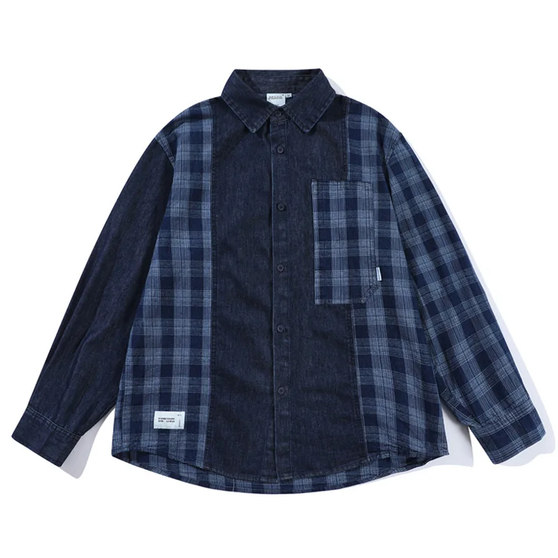 Japan Retro Washed Plaid Patchwork Denim Cargo Shirts for Men's Autumn Y2k High Street Casual Loose Oversized Shirt Jacket Coat