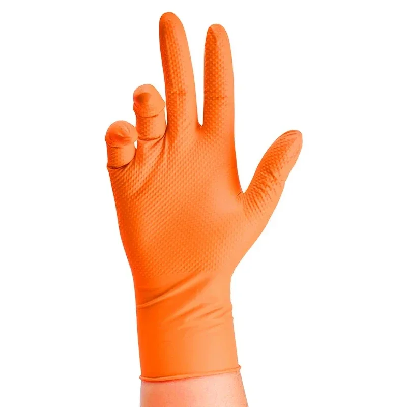 

Heavy Duty Orange Nitrile Gloves 8Mil Industrial Disposable Gloves with Diamond Textured Grip for Mechanic Safety & Work Gloves