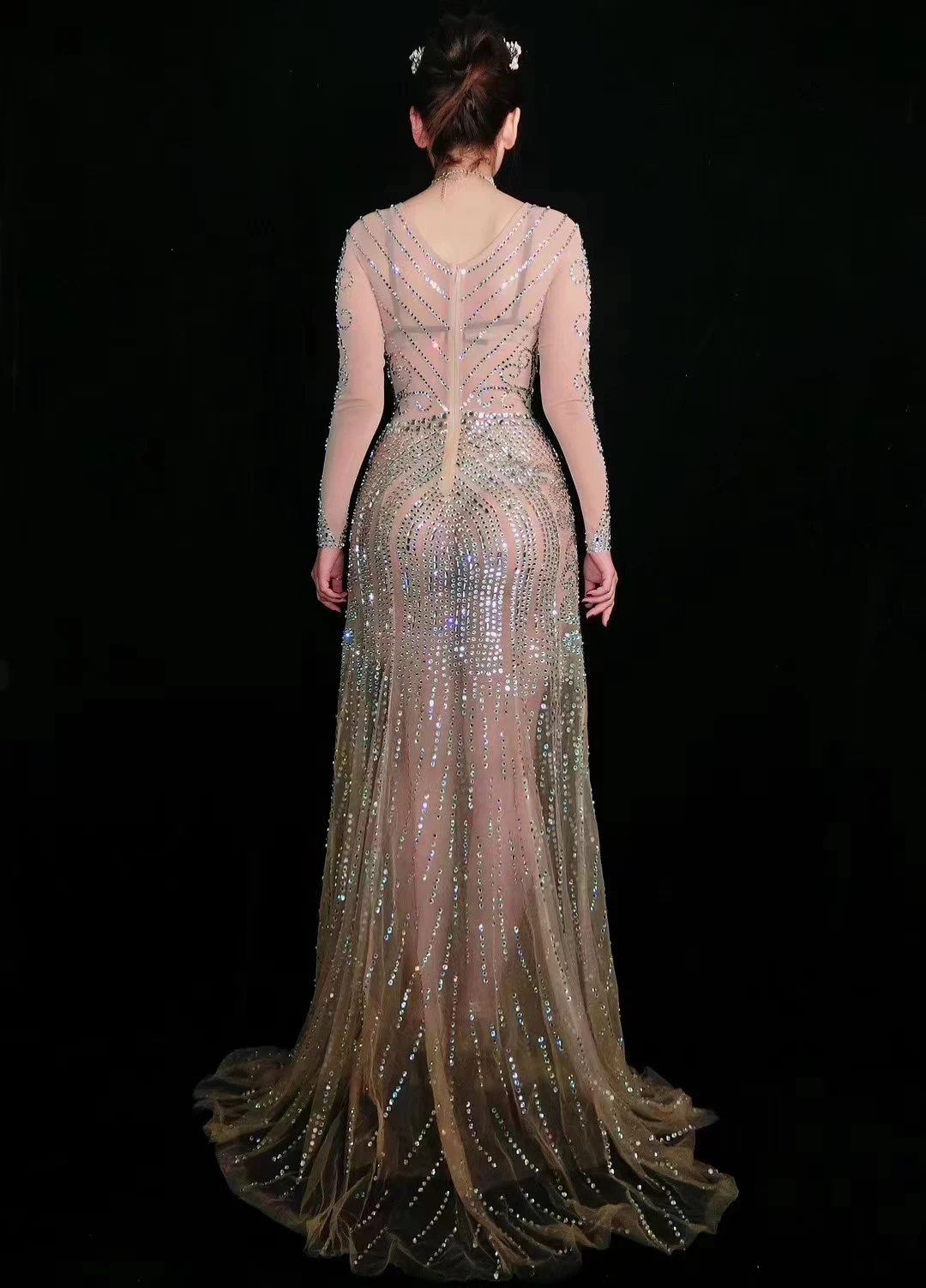 Star Luo Slim Mesh Full Diamond TranslúcidoSexy Borla Longo Envolto Hip Vestido StagePerformance A425