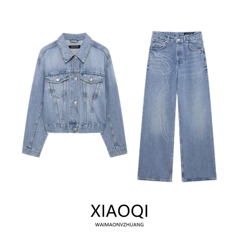 

Spring 2025 New Women's Light Blue Rhinestone Decorated Collar Denim Jaet Outerwear Faionable Ensemble for Younger Women