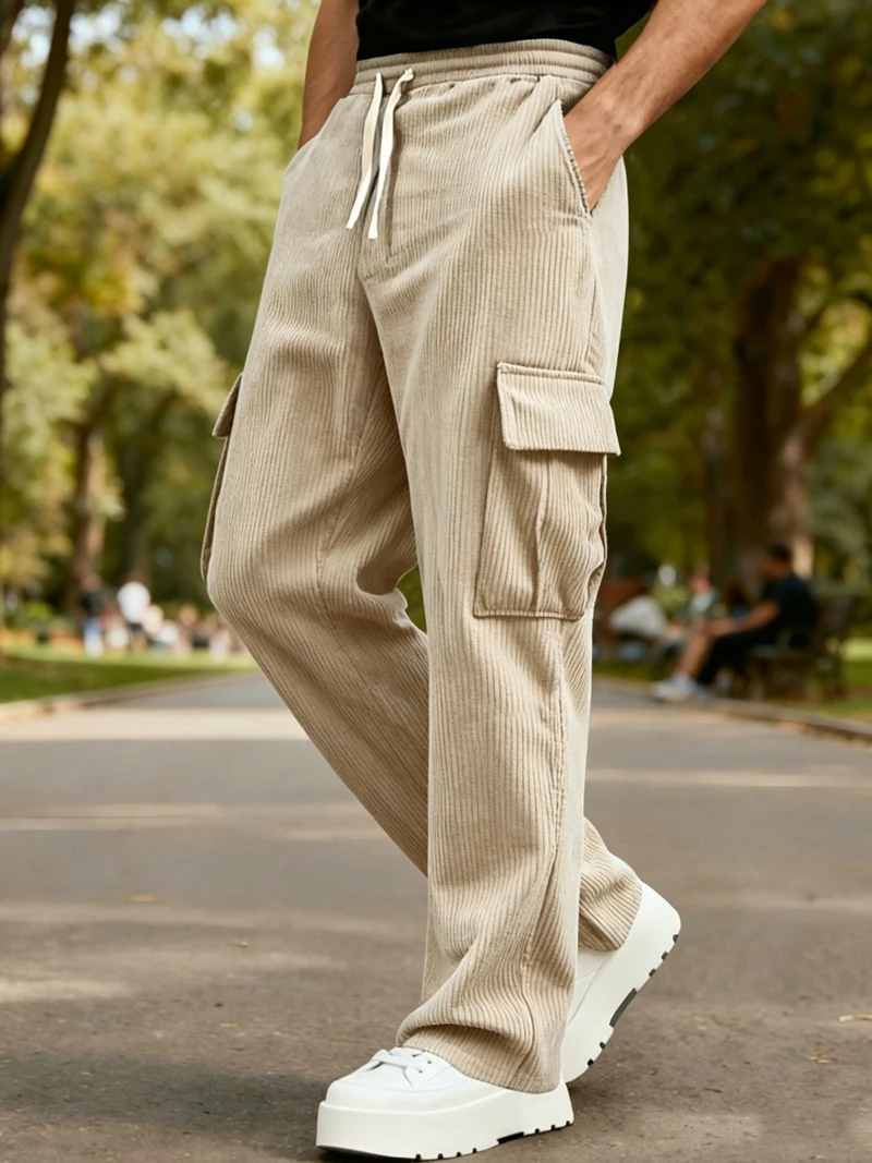 Herren Cord-Cargohose mit Elastischem Bund und Kordelzug, Lässige Hose mit Seitentaschen, Gerades Bein für Frühling und Herbst – Detail 14