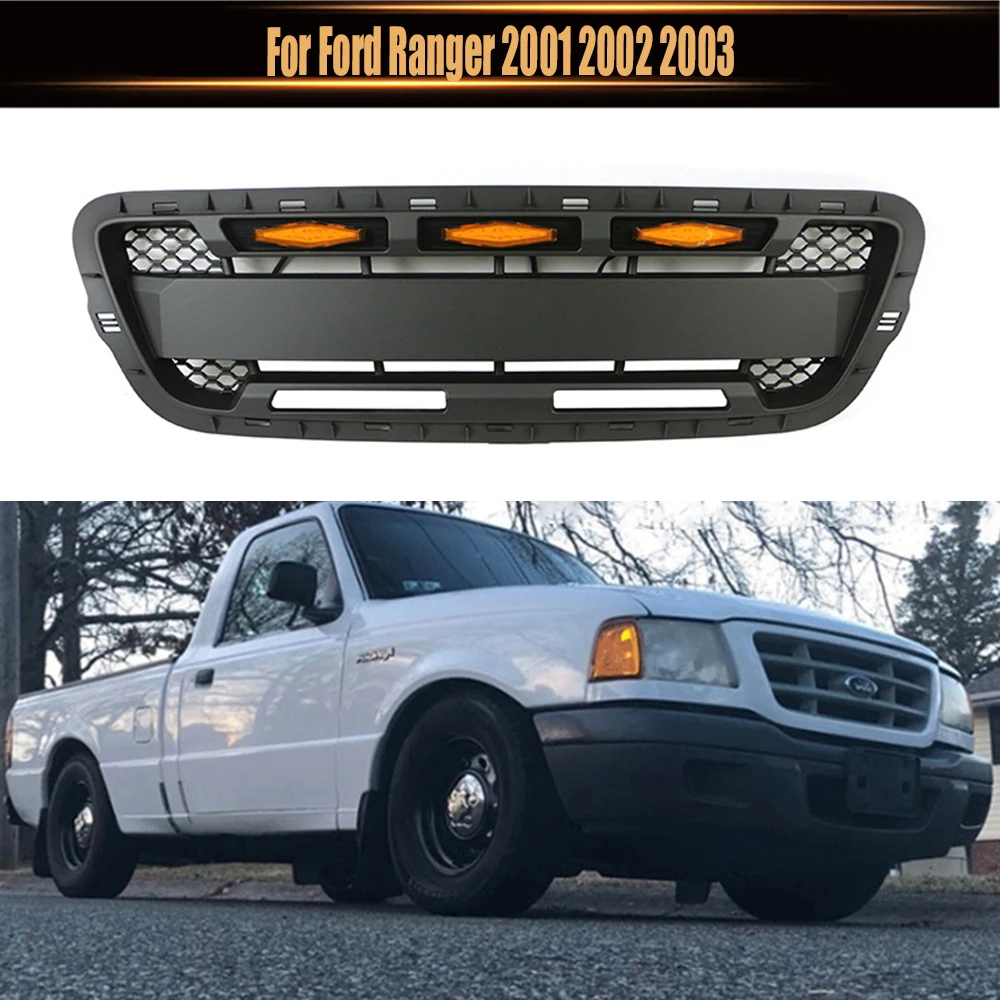 Car Modified ABS Front Bumper Mask Grille Racing Grill With LED Lights Auto Exterior Parts Black For Ford Ranger 2001 2002 2003