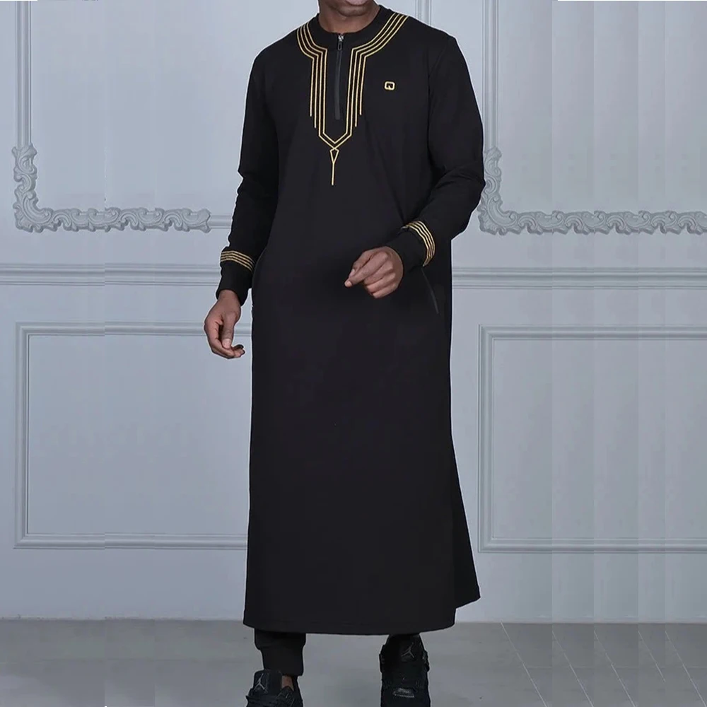 Kaftan bordado manga comprida em o pescoço masculino, robe árabe, moda muçulmana Abaya, festa casual Jubba Thobe, Dubai Turquia