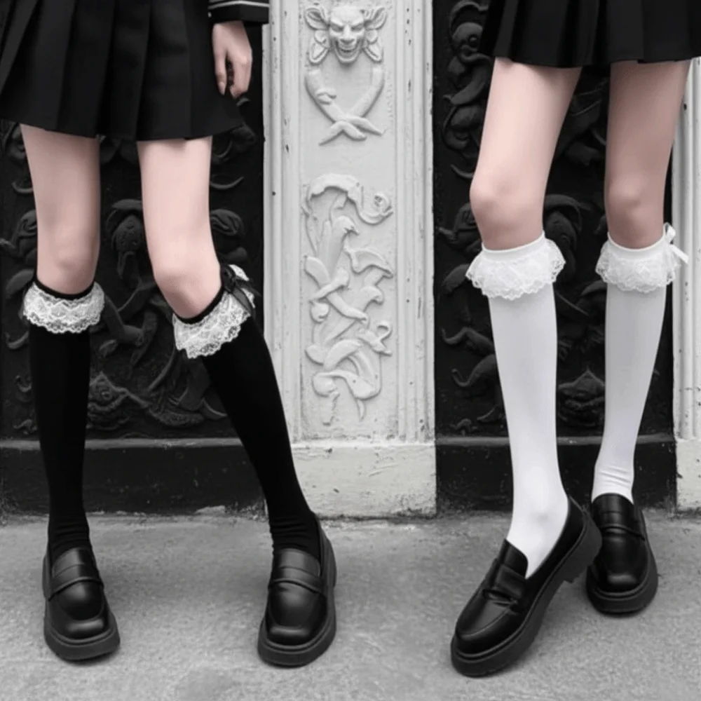 

2 пары женских осенних носков в балетном стиле, милые длинные носки-трубочки, удобные чулки с рюшами и бантом, чулки Лолита Jk