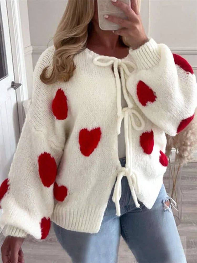

French Style Hollow Out Tie Up Cardigans Fashion Heart-shaped Print Long Sleeve Sweater Elegant V-neck Women Casual Commute Coat