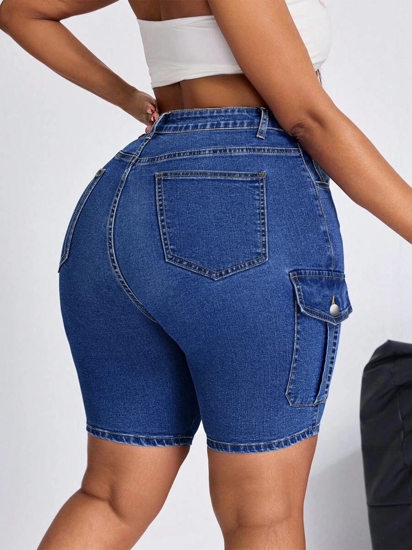 レディース ハイウエスト デニム ジーンズ ディープブルー ワークウェア マルチポケットデザイン キャンパスワークやストリートスタイルに最適