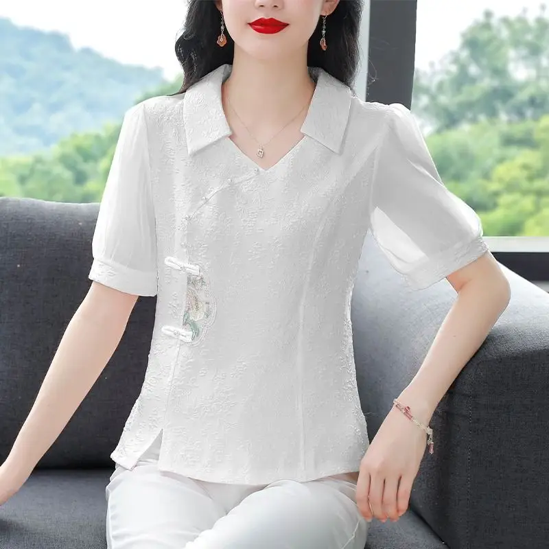 2024 Women Summer New Chinese Style V-neck Spliced Gauze Solid Color Button Beading Versatile Slim Embroidered Short Sleeve Tops