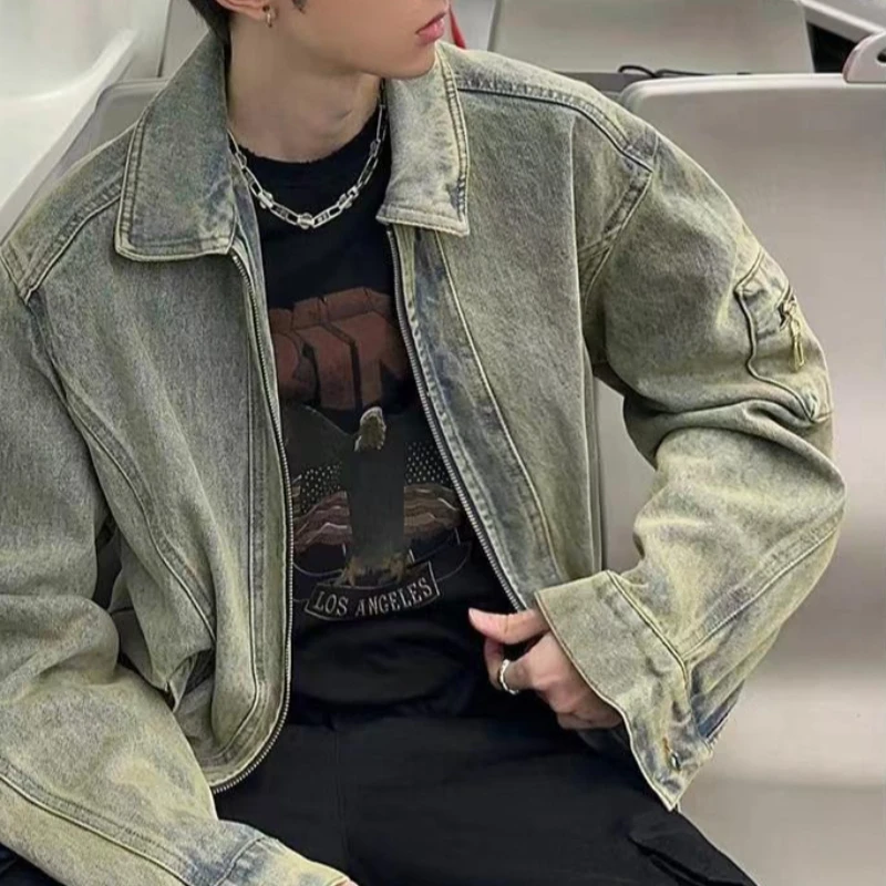 Men's Vintage Washed Denim Jacket 2026 Spring Autumn Distressed Lapel Coat Retro Casual Bad Boy Style Outerwear New