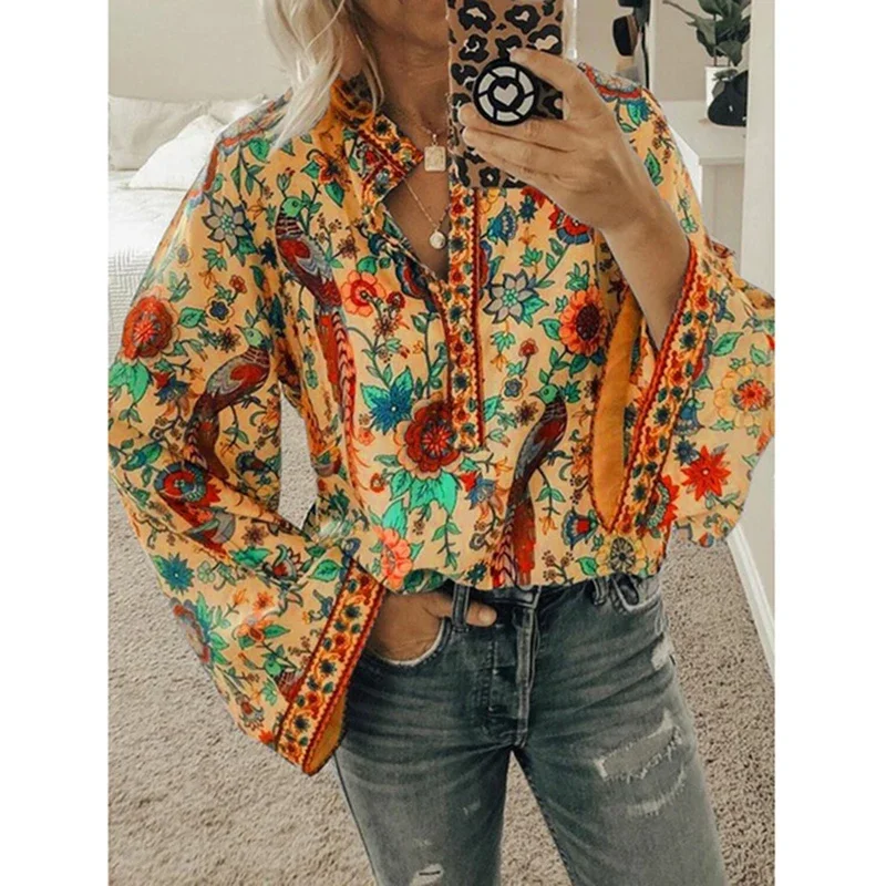 Spring Autumn Print Aesthetic Loose Casual Shirt Women Long Sleeve Vintage All Match Lady Blouse Sweet Fashion Female Clothes