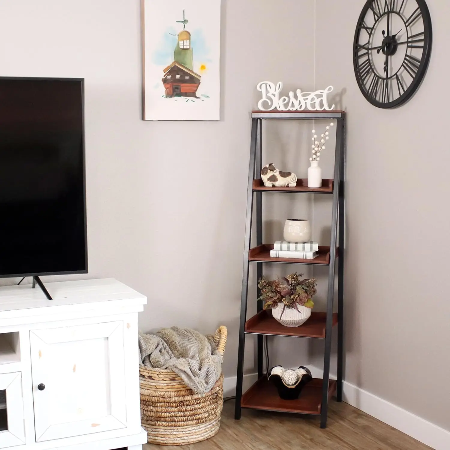 4-Tier Leaning Ladder Shelf Bookcase Acacia Wood Office Living Room Bedroom 59.75