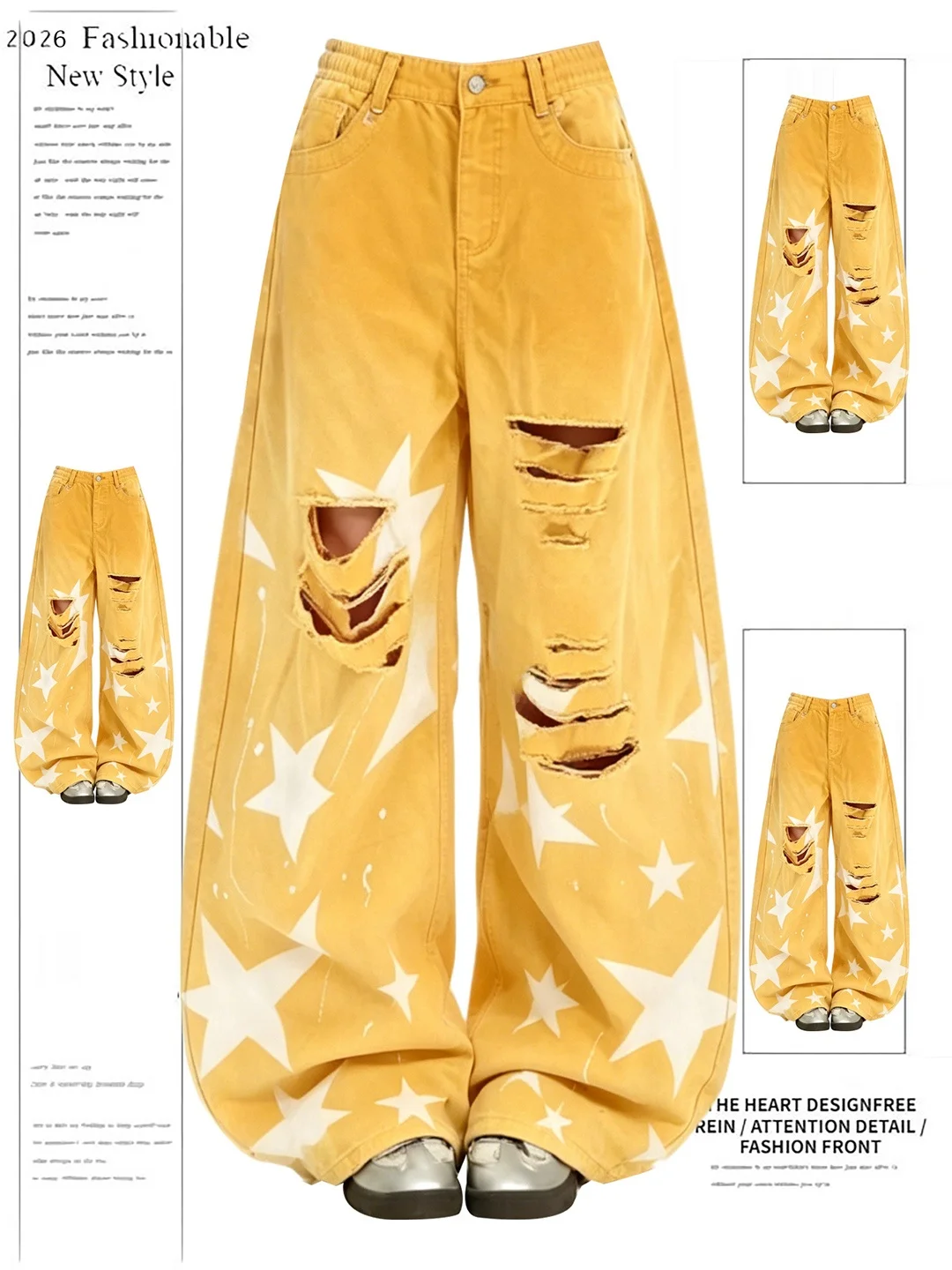 

American Style Hand-Painted Star Yellow Hole Knife Denim Pants Women's Summer New Wide Leg Trendy Jeans High Waist